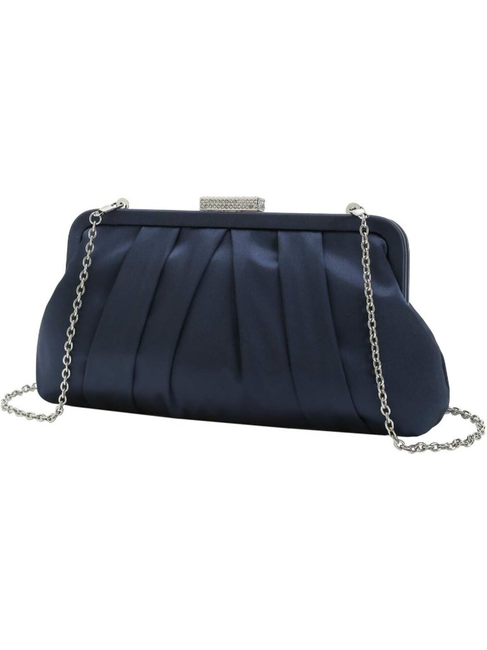 〽️ Women's Navy Pleated Satin Clutch Bag Diamante Embellished Wedding Formal - Picture 2 of 6